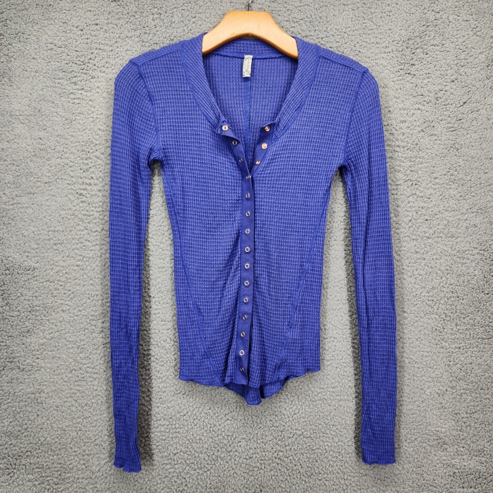 Intimately Free People Waffle Knit Henley Top Purple Blue Long Sleeve Size XS